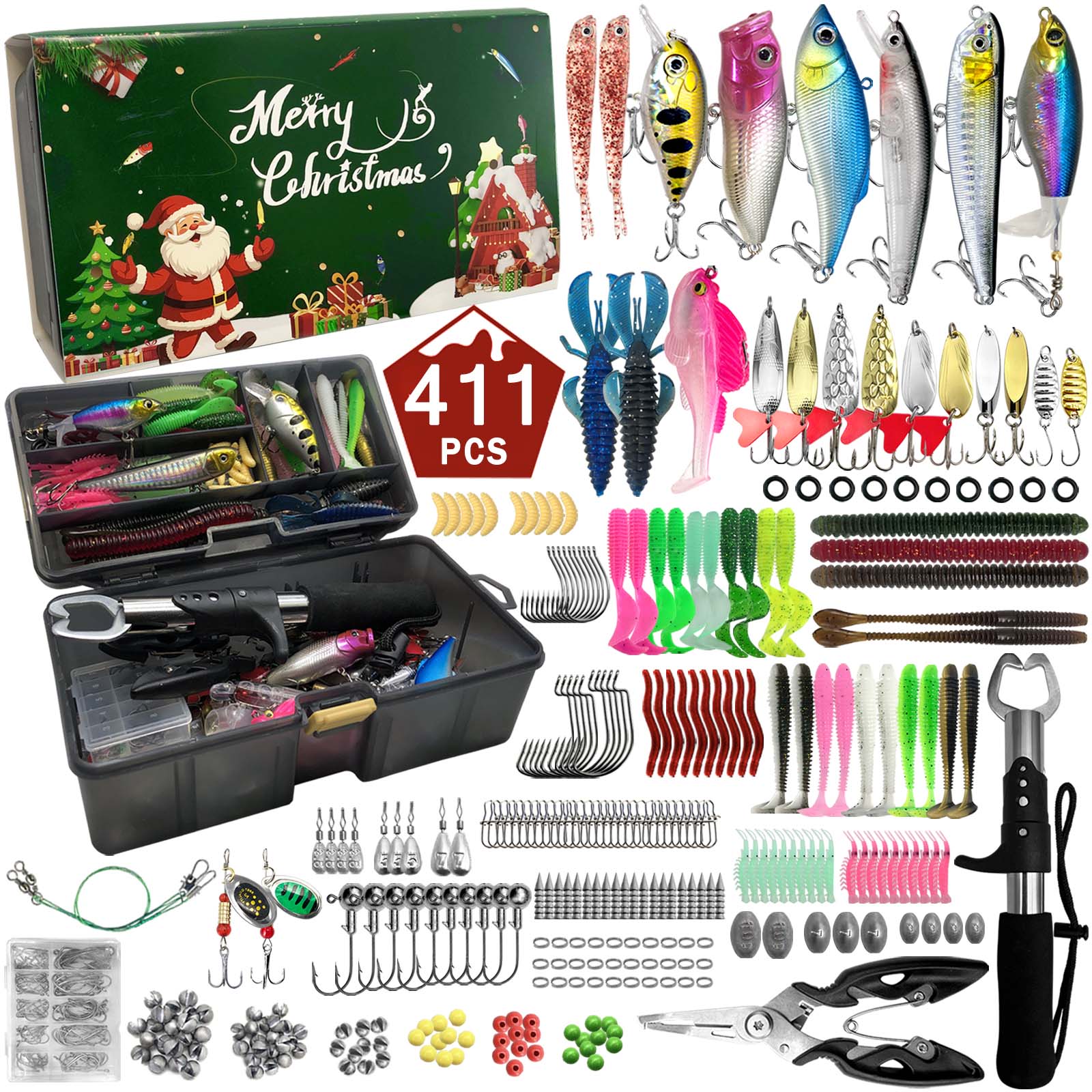 Fishing Lure Topwater - 411/366/136/86個入りのクリスマスフィッシングルアーセット、収納ボックス付き、海水と淡水で共通的に使用されるもの